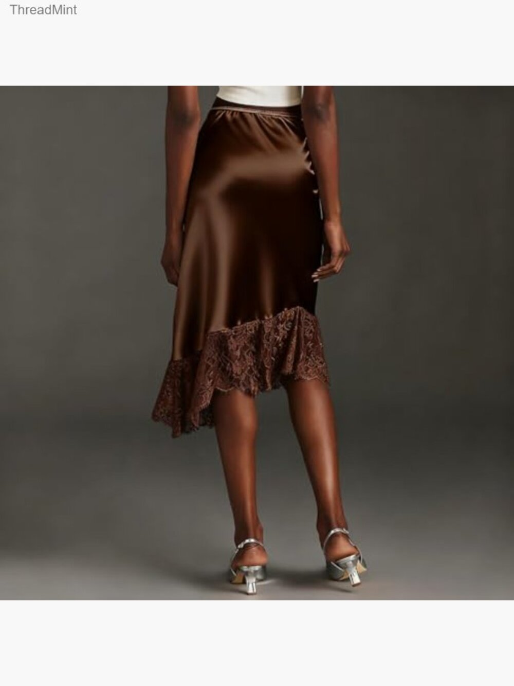 Vintage Satin Lace Maxi Skirt Silk Trim A-Line Asymmetrical Elastic Waist - Picture 3 of 3